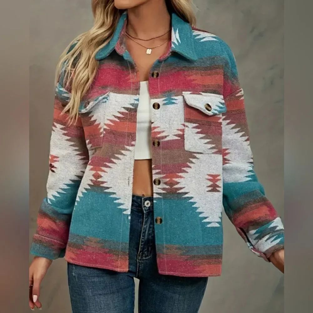 Aztec Print Jacket Coat Casual Button Front Long Sleeved Outerwear Sz XXL (14)